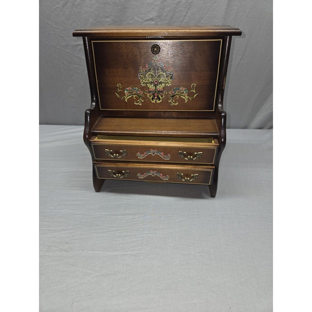 Painted Wood Secretary Desk Style Jewelry Box Drop Front Two Drawers